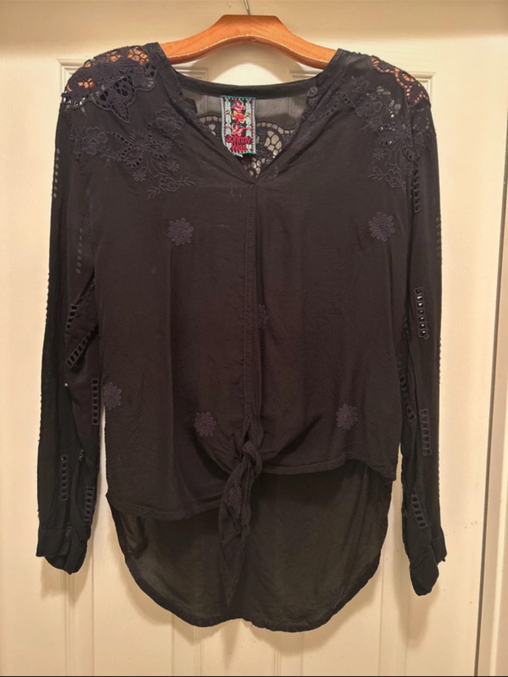 Johnny Was Black Lace-Accent Tie-Front Long Sleeve Top